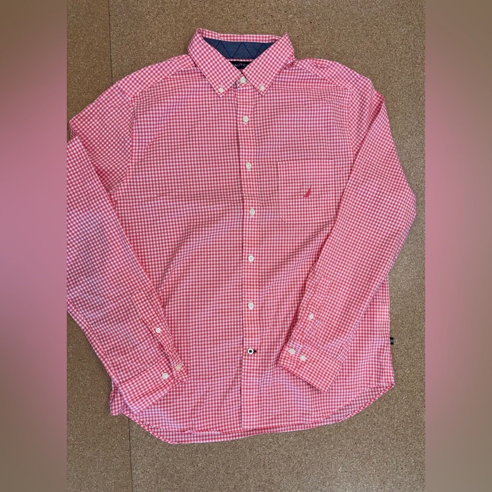 Nautica Men’s White Pink Plaid Button Down Casual Fit Shirt Large